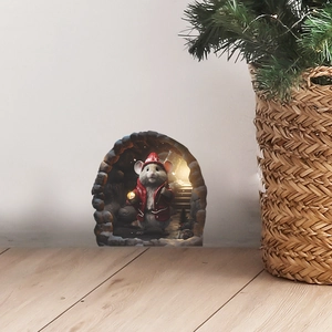 3D Christmas mouse wall sticker showing a mouse with a lantern in a cozy hole decor