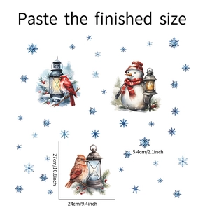 Detailed Christmas wall decals featuring a vintage snowman, red birds, and blue snowflakes