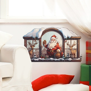 Christmas wall decal featuring Santa Claus and reindeer in a snowy window frame scene