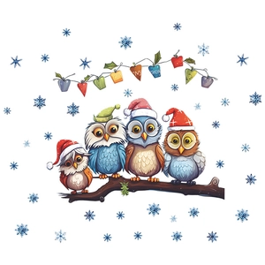 Christmas window sticker featuring four cartoon owls on branches with snowflakes and hearts