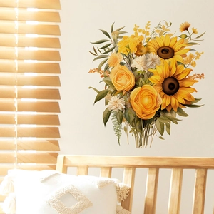 Self-adhesive sunflower and yellow rose wall stickers for a cozy bedroom decor style
