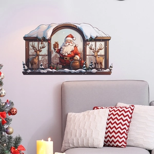 Christmas Santa Claus and reindeer window wall decal for festive home interior decoration