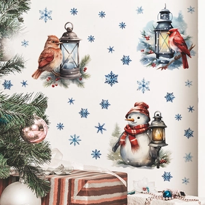 Christmas Window Decals Snowman Birds Lantern Snowflake PVC Self-Adhesive Wall Stickers Holiday Home Decor Set xmas135