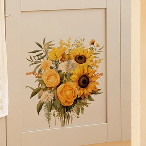 Detailed wall sticker featuring a vibrant yellow sunflower bouquet on a white cabinet door
