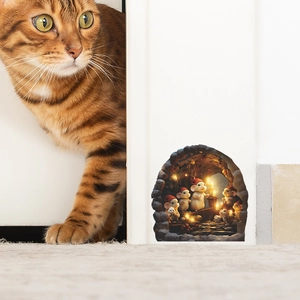 Detailed 3D Christmas mouse hole wall sticker with cute mice and a curious ginger cat