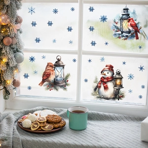 Festive Christmas wall stickers with watercolor snowman, winter birds and snowflakes