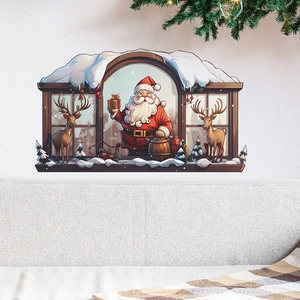 Christmas wall stickers featuring Santa Claus and reindeer on a snowy window frame