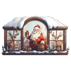 Christmas Santa Claus and reindeer window stickers with a vintage snow scene design