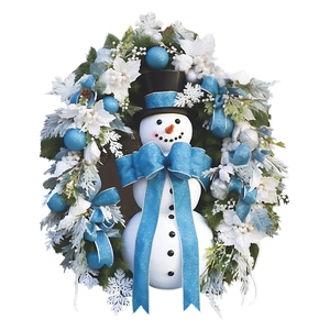 Detailed Christmas wreath featuring a snowman with blue glitter bow and white poinsettia