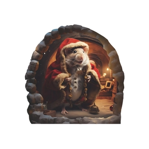 Detailed 3D Christmas mouse wall sticker with mouse hole effect and festive outfit