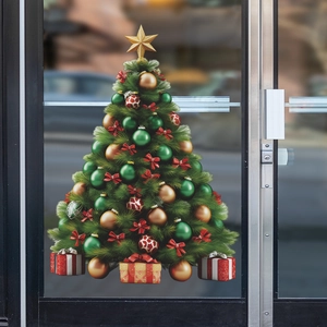 Adhesivo de árbol de Navidad con adornos dorados y lazos rojos para decoración de ventanas