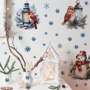 Christmas wall stickers with vintage snowman, birds on lantern, and blue winter snowflakes