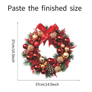 Christmas wreath wall sticker detail with red bow, pine cones and 37cm size markers