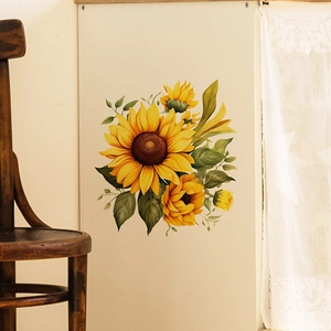 Detailed view of sunflower wall decal with hand-drawn petals on a warm white wall
