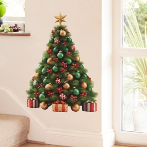 Vinilo decorativo de árbol de Navidad con adornos dorados y cajas de regalo rojas