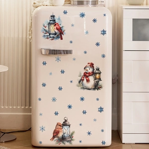 Christmas snowman wall decals with red robin and blue snowflakes on vintage fridge