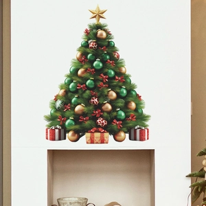 Vinilo de pared de árbol de Navidad con estrella dorada y adornos para decoración festiva