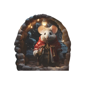 3D cartoon Christmas mouse in red cloak inside a stone burrow wall sticker detail