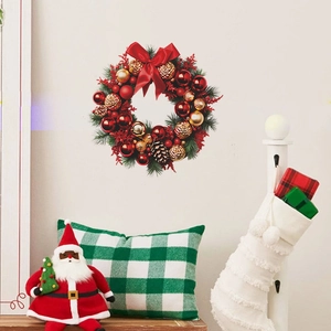 Christmas wreath wall sticker with pine cones and red gold ornaments for home decor