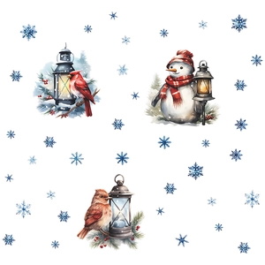 Watercolor Christmas wall stickers with snowman, red birds, lanterns and blue snowflakes