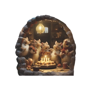 Detail view of 3D Christmas mouse hole wall sticker with mice celebrating around a cake