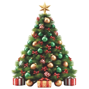 Vista detallada de la pegatina de pared árbol de Navidad con estrella dorada y regalos