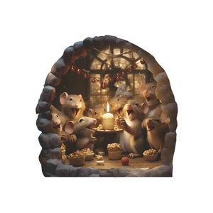 Macro detail of 3D Christmas mice wall sticker with candles and cupcake inside a warm burrow