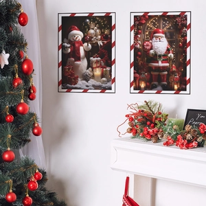 Christmas wall stickers featuring Santa and Snowman with a festive red striped border