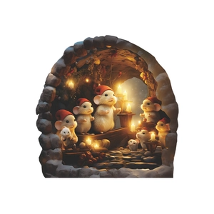3D Christmas mouse hole wall decal featuring cute mice with Santa hats in a cozy candlelit cave
