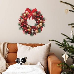 Christmas wreath wall sticker featuring pine cones and red bows for home holiday decoration