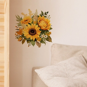 Vibrant sunflower and white daisy wall decals above a modern sofa for home decor