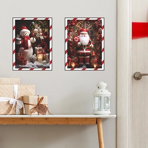 Christmas wall stickers with Santa and snowman motifs in festive red striped frames