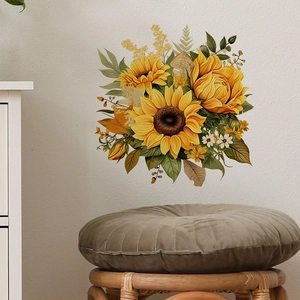 Vibrant sunflower wall sticker decoration for living room with yellow flowers and green leaves