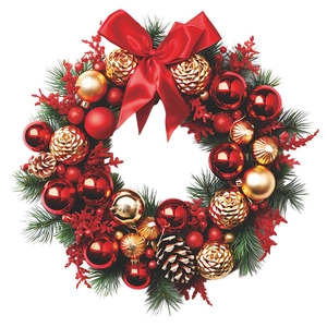 Detailed view of Christmas wreath with pine needles, red ornaments, and a large satin bow