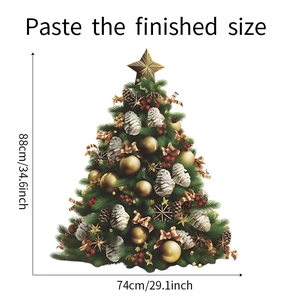 Sticker mural de sapin de Noël avec boules dorées et dimensions 88cm par 74cm