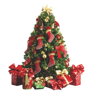 Green Christmas tree with red bows, ornaments and gift boxes on white background