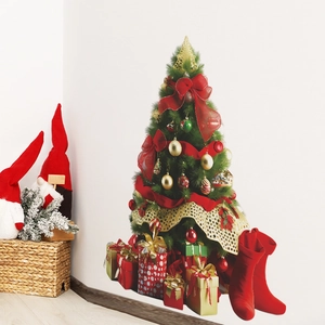 Christmas tree wall decals with red bows and gift boxes for holiday home wall decoration