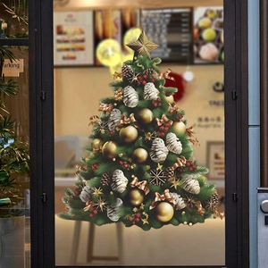 Sticker Mural Sapin de Noël PVC Décalcomanie de Fenêtre Amovible Pomme de Pin Verte Étoile Dorée Décoration Maison Salon Vitre