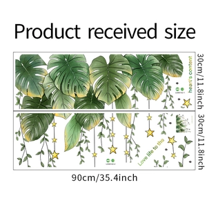 Macro layout of tropical Monstera leaf wall stickers with stars and vines in green and yellow