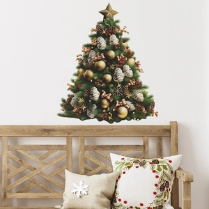 Sticker mural de sapin de Noël avec boules dorées et pommes de pin pour la maison
