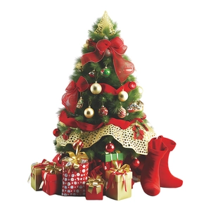 Christmas tree wall sticker set with red bows, gold ornaments and gift boxes
