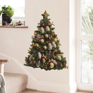 Sticker mural sapin de Noël réaliste en 3D avec ornements dorés et pommes de pin pour maison
