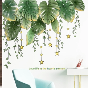 Tropical green monstera leaf wall stickers with golden stars for living room decor