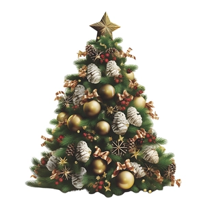 Vue détaillée du sapin de Noël artificiel avec étoiles dorées, pommes de pin et baies