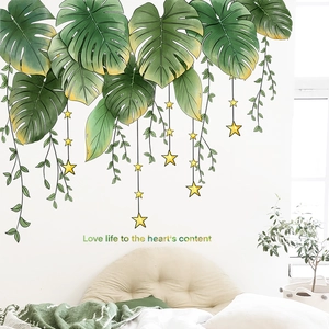 Tropical green monstera leaves wall sticker with gold stars for bedroom decor