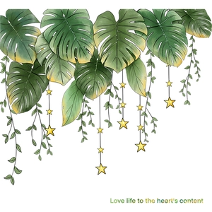 Tropical monstera leaf wall decal with gold stars for living room and bedroom decor