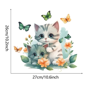 Detailed view of watercolor cat and butterfly wall stickers with size dimensions