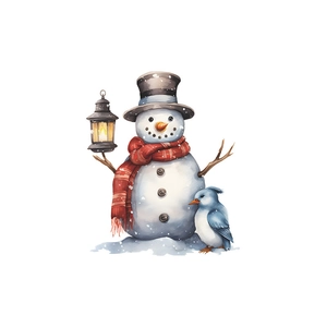 Cute watercolor snowman with blue bird and vintage lantern wall sticker for home decor