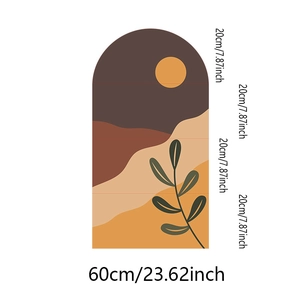 Detail view of Bohemian desert arch wall sticker showing dimensions and layered sunset hills