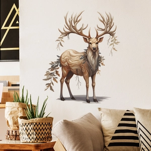 Artistic cartoon deer wall decal with dreamlike maple leaf horns for living room decor
